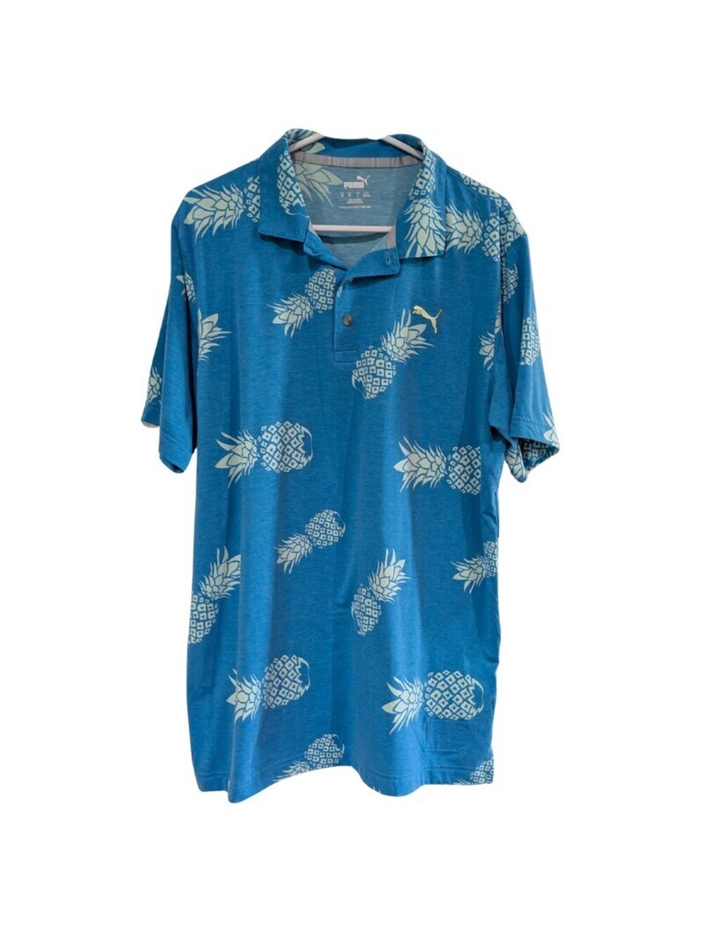 Puma Men's Golf Polo Shirt, Medium, Blue with Pineapple Graphic, Short Sleeve